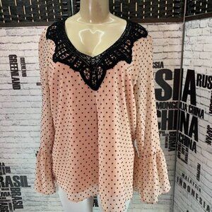 DR2 L Pink Textured Lined Crochet V-Neck Sheer Long Sleeve Top